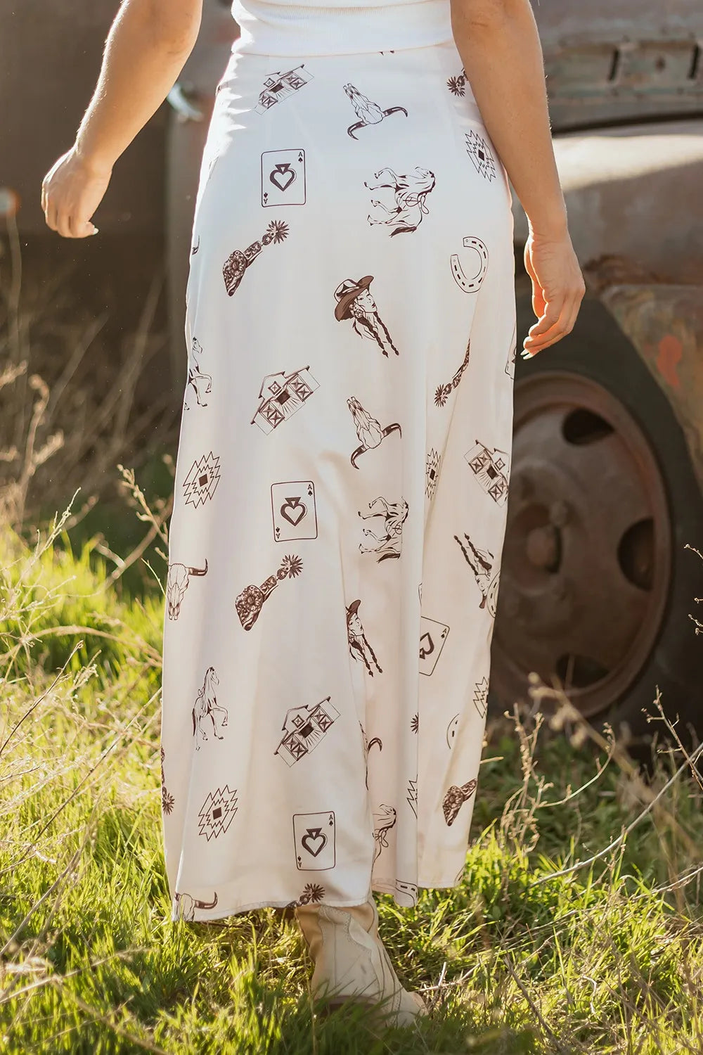 Western Print Satin Long Skirt - cas7m