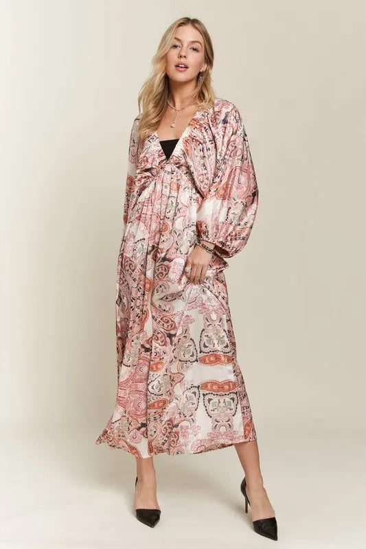 ADORA Printed V-Neck Batwing Sleeve Dress - cas7m