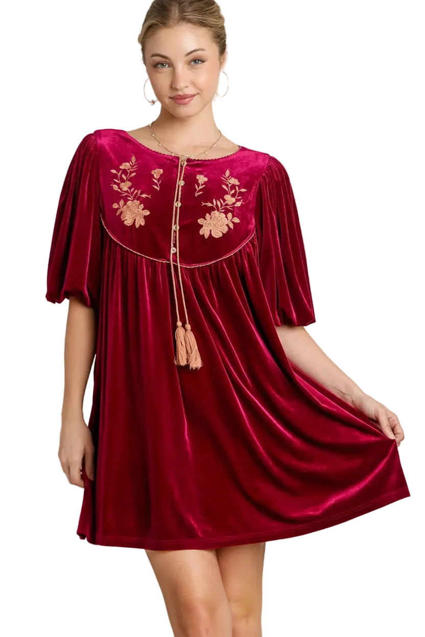 Umgee Embroidered Half Sleeve Velvet Mini Dress with Tassel - cas7m