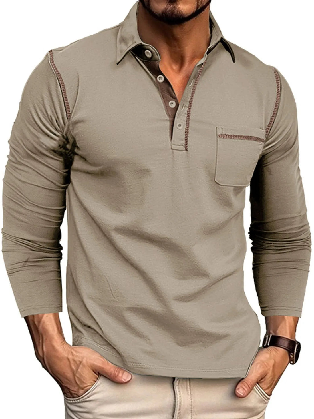 Men's Long Sleeve Polo Shirt with Contrast Stitching - cas7m