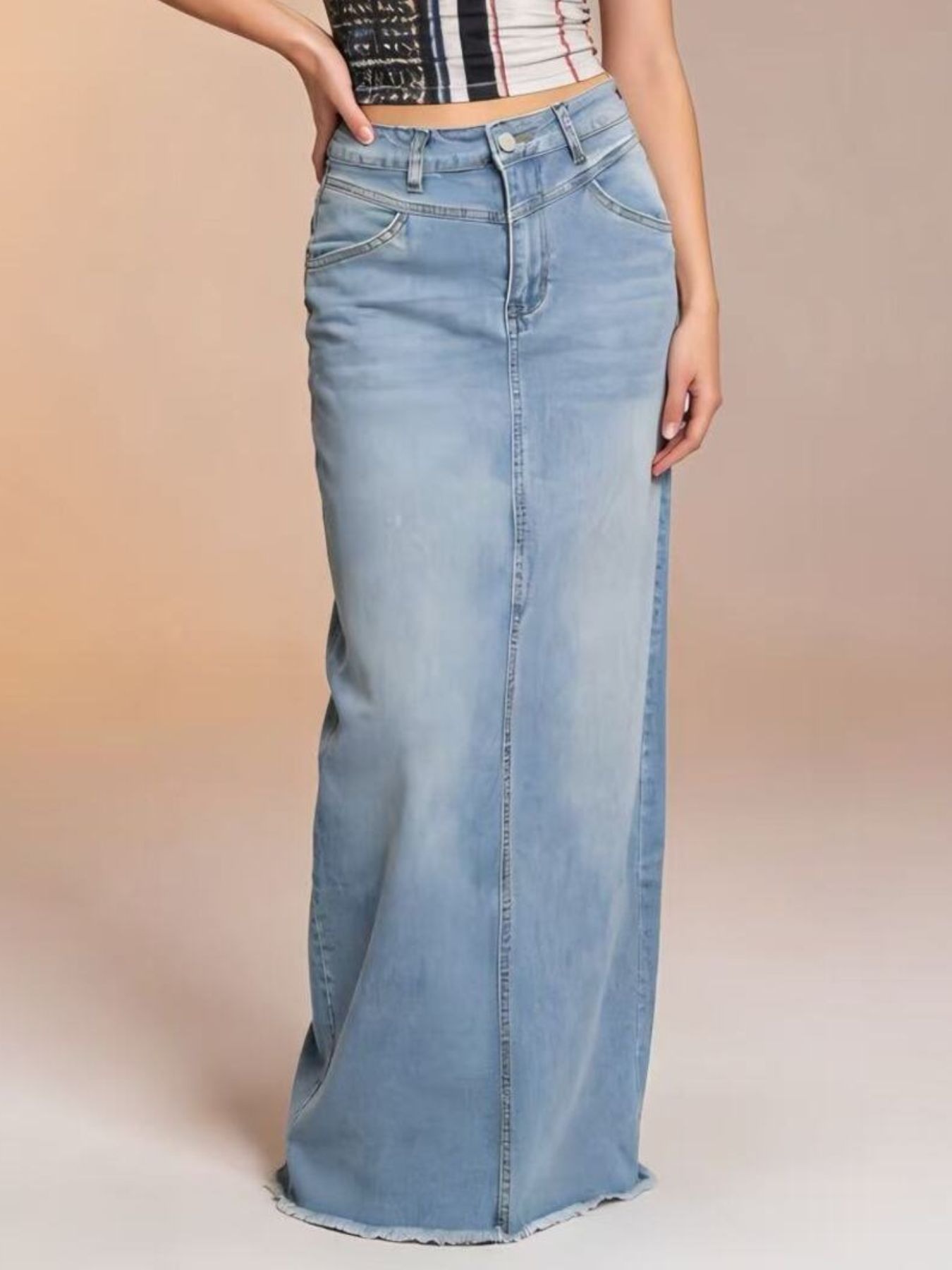 Raw Hem Maxi Denim Skirt - cas7m