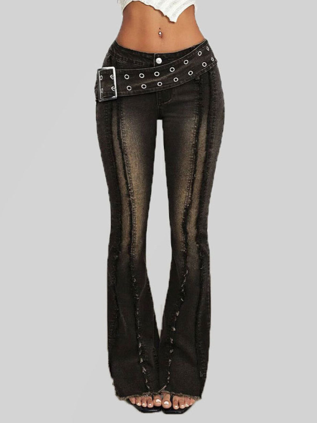 Belted High Waist Flare Jeans - cas7m