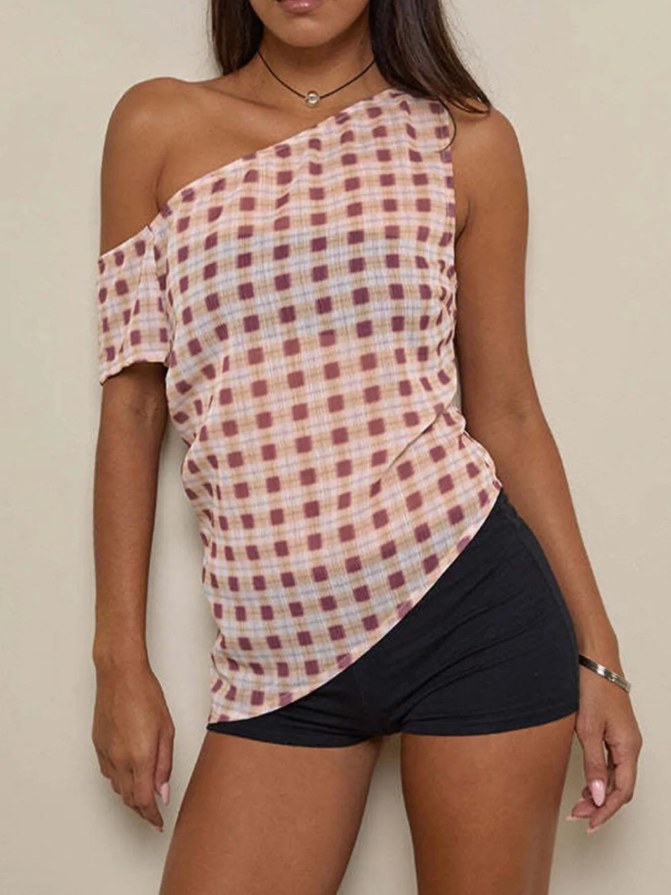 One-Shoulder Plaid Tank Top - cas7m