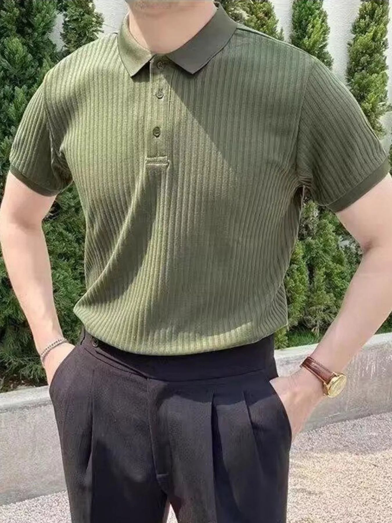 Men's Textured Slim Fit Button Detail Polo - cas7m