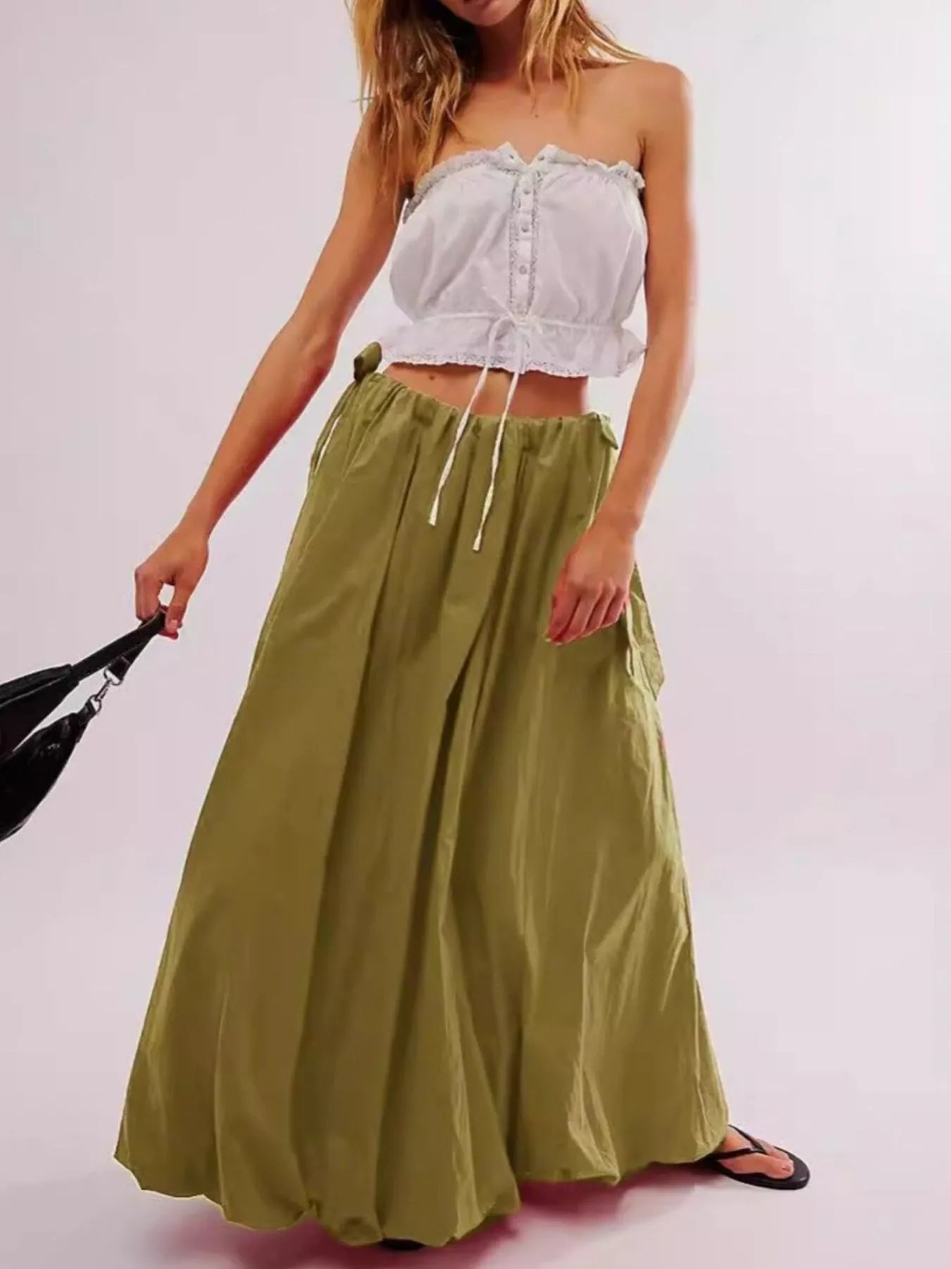 Side Bow Maxi Skirt with Pockets - cas7m