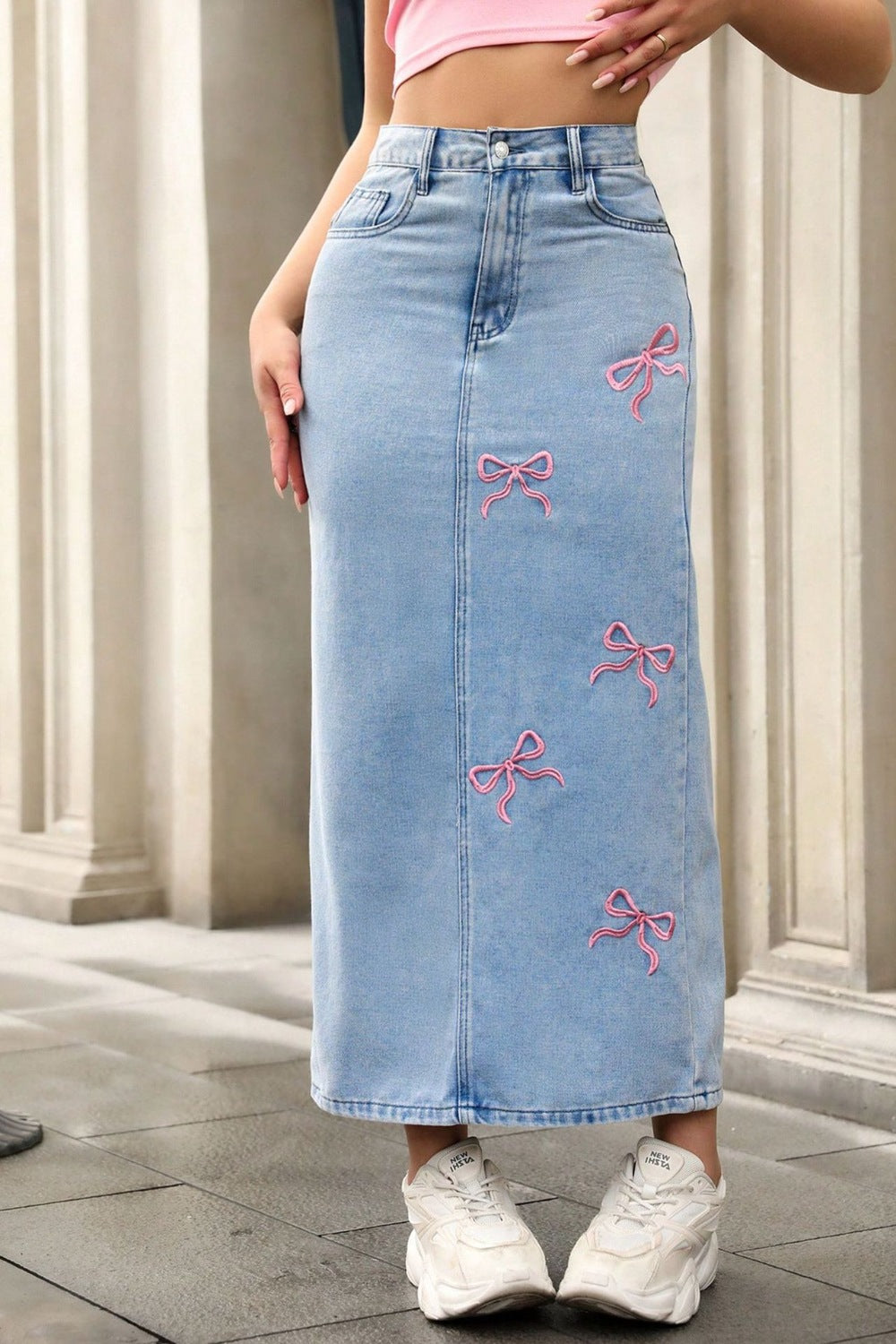 Bow-Embroidered Denim Maxi Skirt - cas7m
