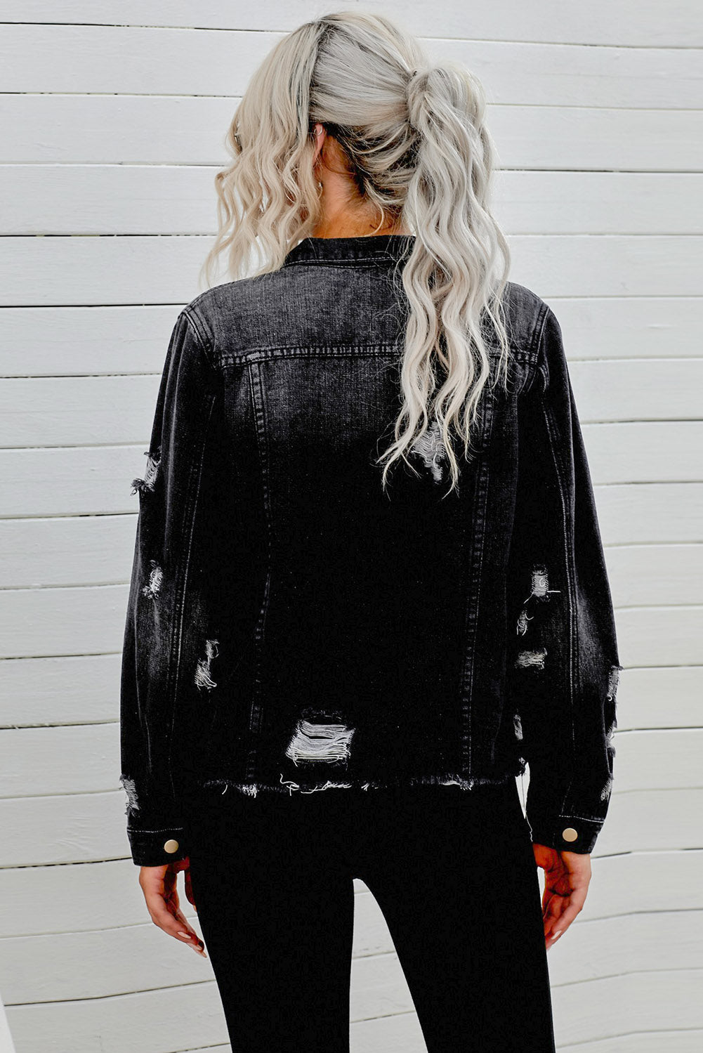 Distressed Raw Hem Buttons Denim Jacket - cas7m