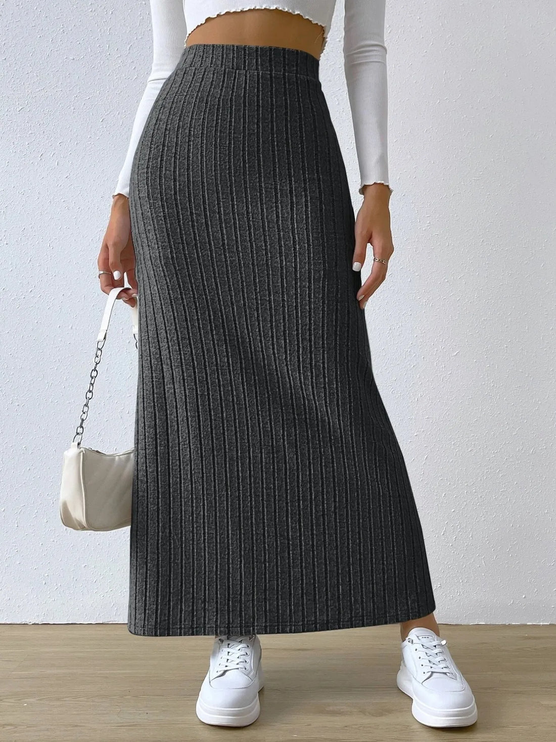 High Waist Ribbed Knit Maxi Skirt - cas7m