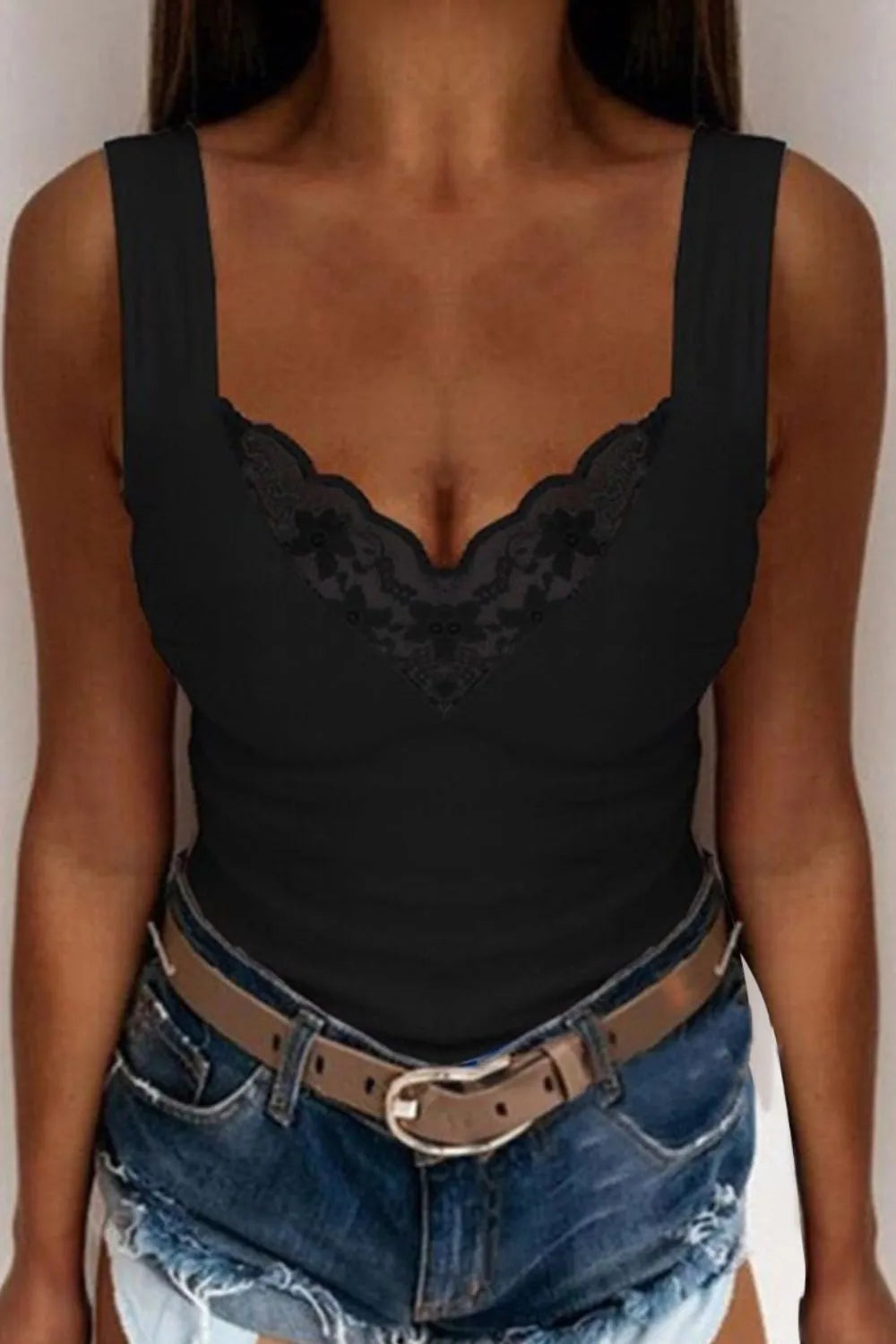 Full Size Lace Detail V-Neck Tank Plus Size - cas7m