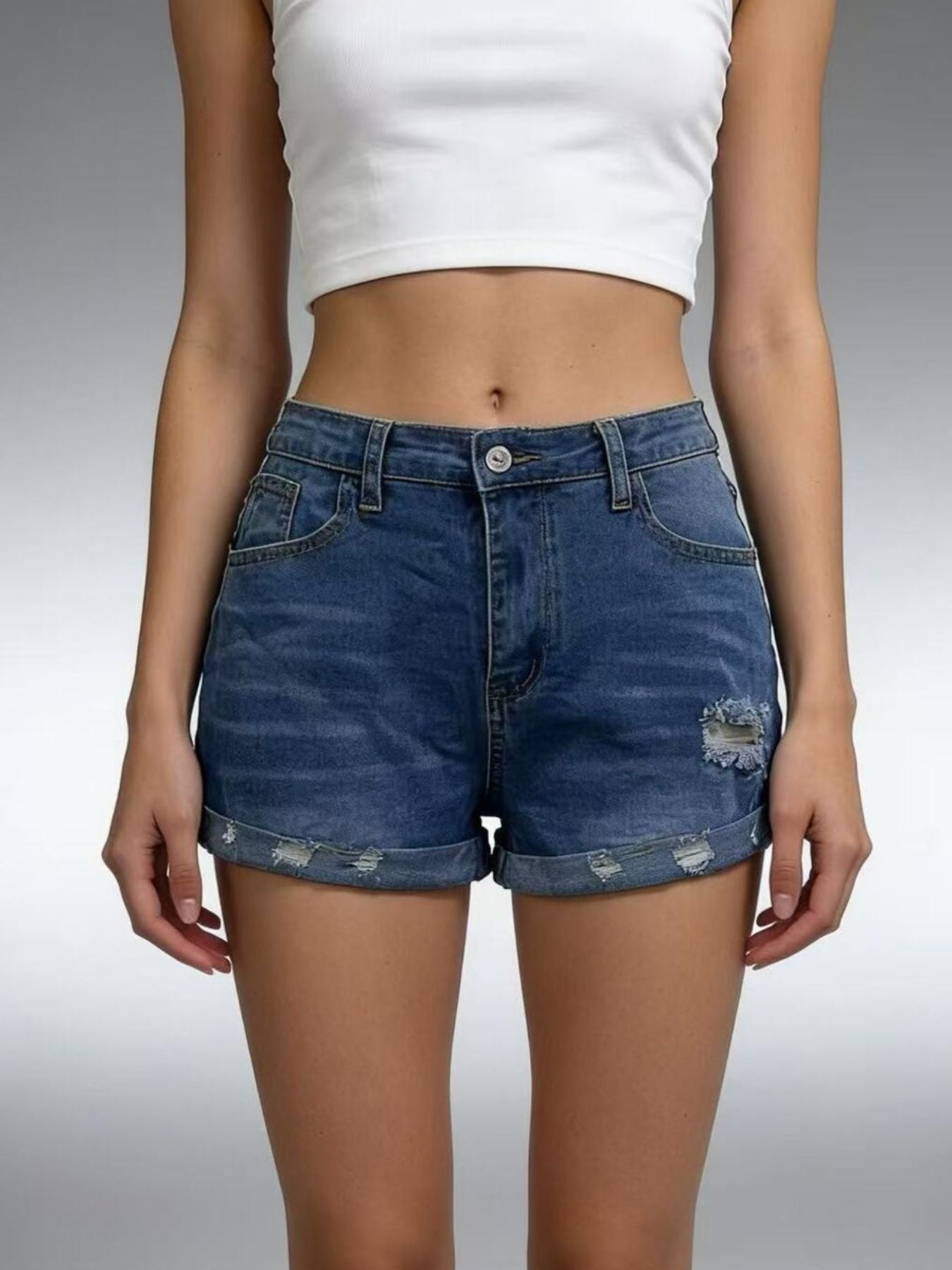 Distressed Denim Roll-Up Shorts - cas7m