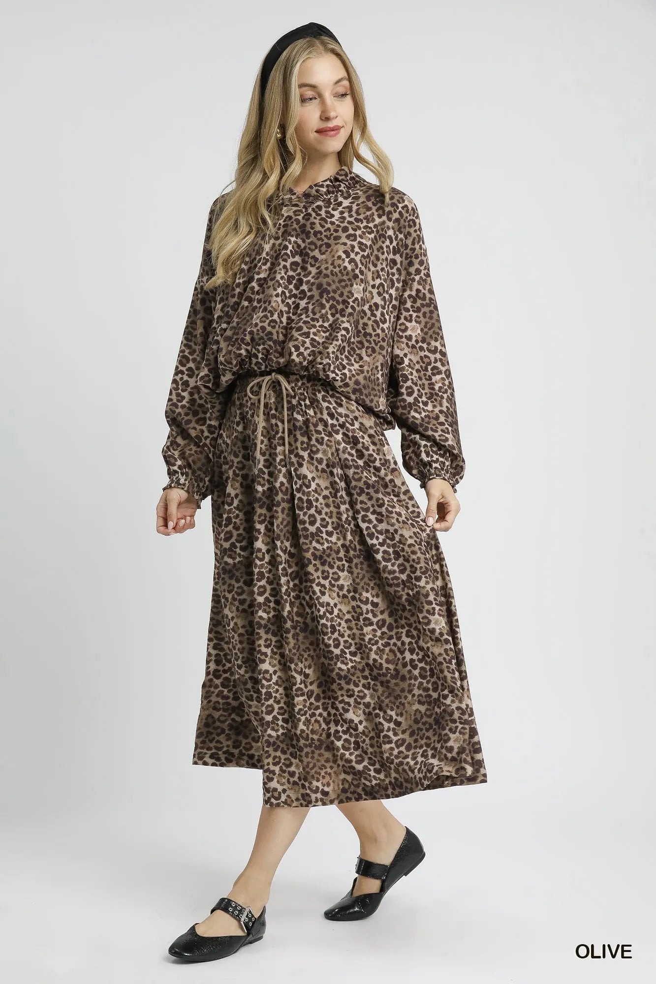 Umgee Drawstring Leopard Midi Skirt - cas7m