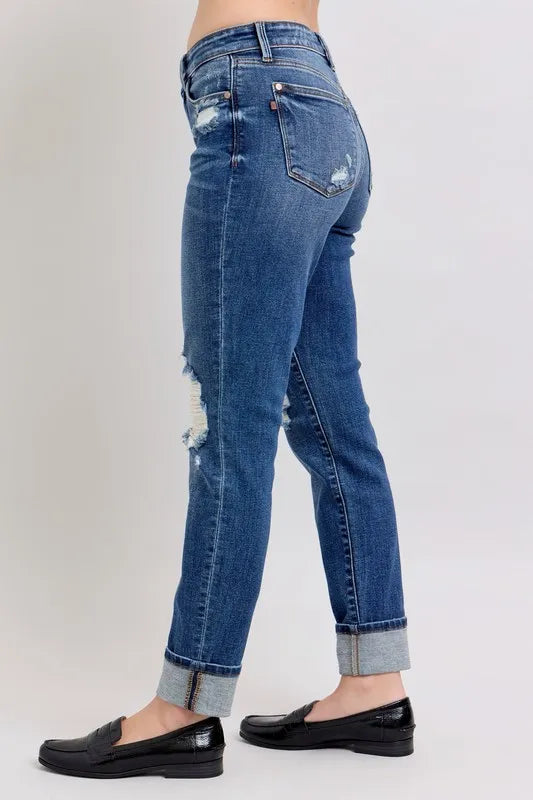 Judy Blue Full Size Mid Rise Boyfriend destroy Jeans with Yoke Pockets and Faux Selvedge Cuff Plus Size - cas7m