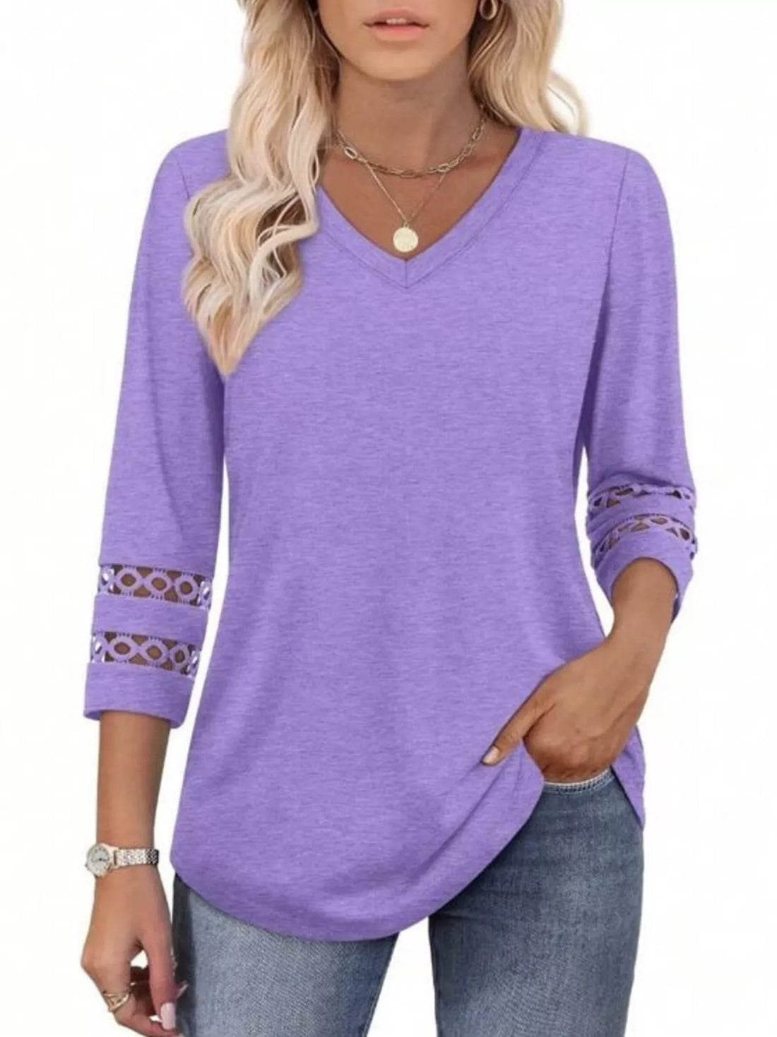 Full Size V-Neck 3/4 Sleeve T-Shirt Plus Size - cas7m