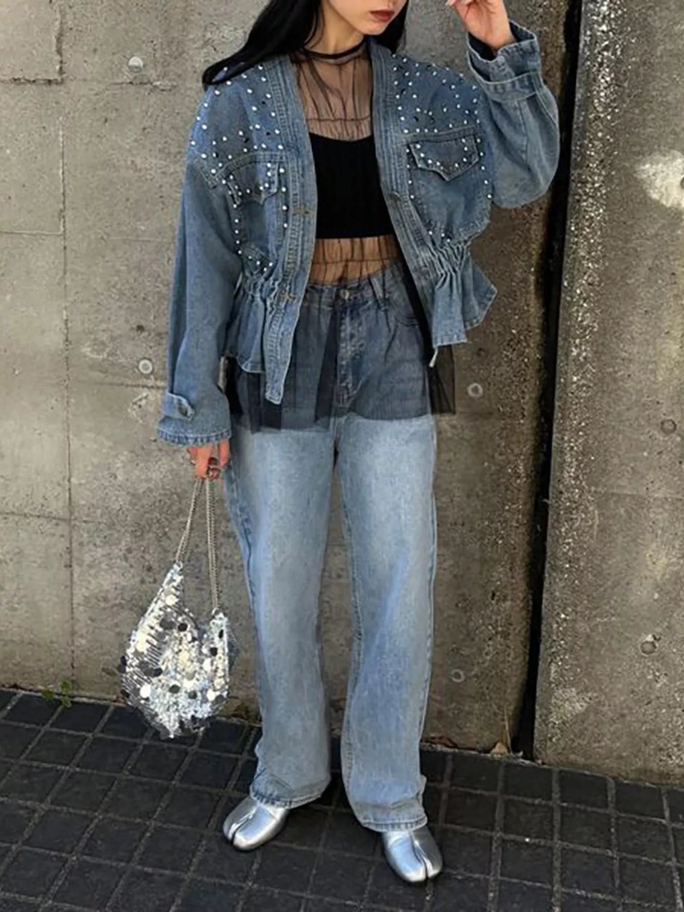 Studded Button Up Denim Jacket - cas7m