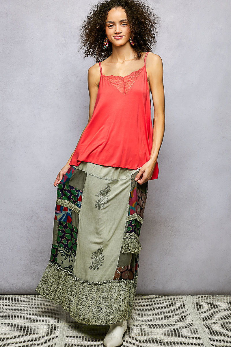POL Printed Patchwork Embroidered Ruffled Skirt - cas7m