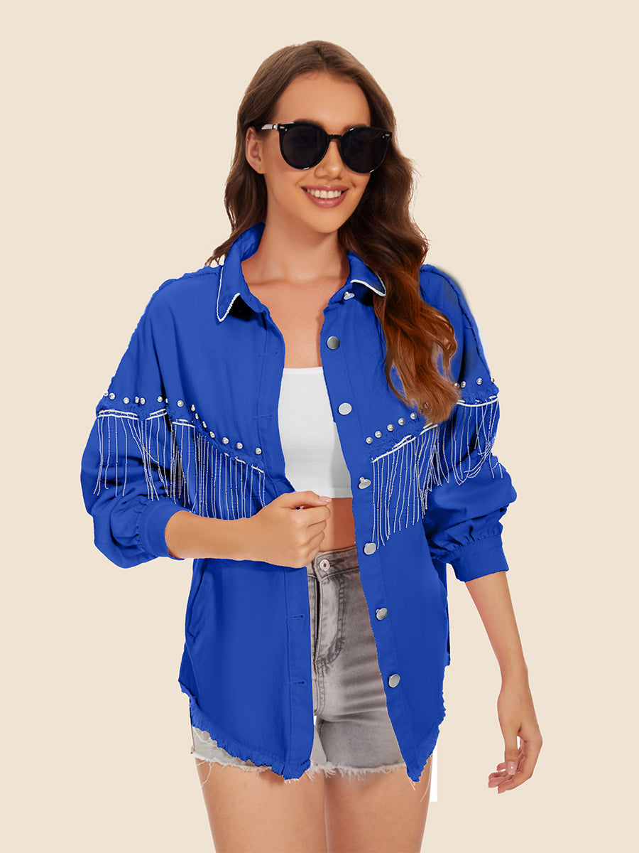 Raw Hem Fringe Detail Denim Jacket - cas7m