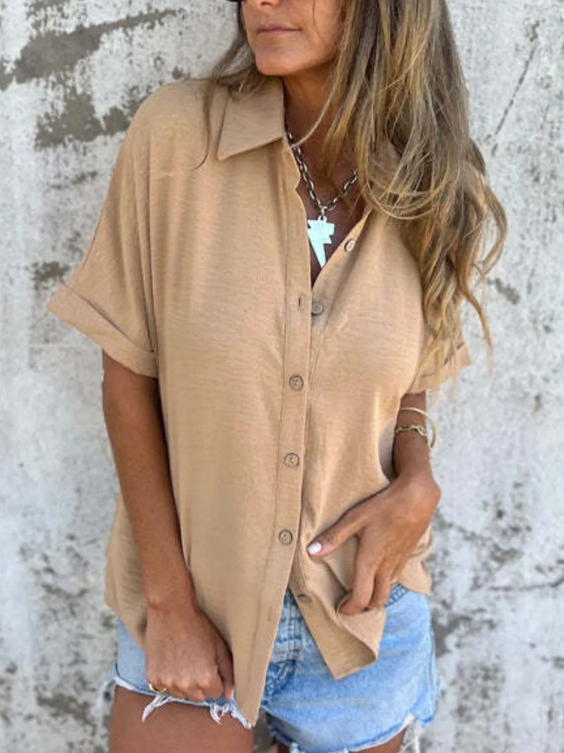 Full Size Collared Neck Half Sleeve Shirt Plus Size - cas7m