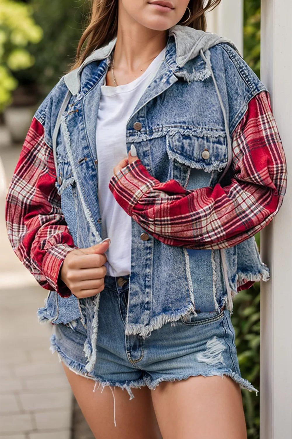 Raw Hem Drawstring Plaid Denim Jacket - cas7m