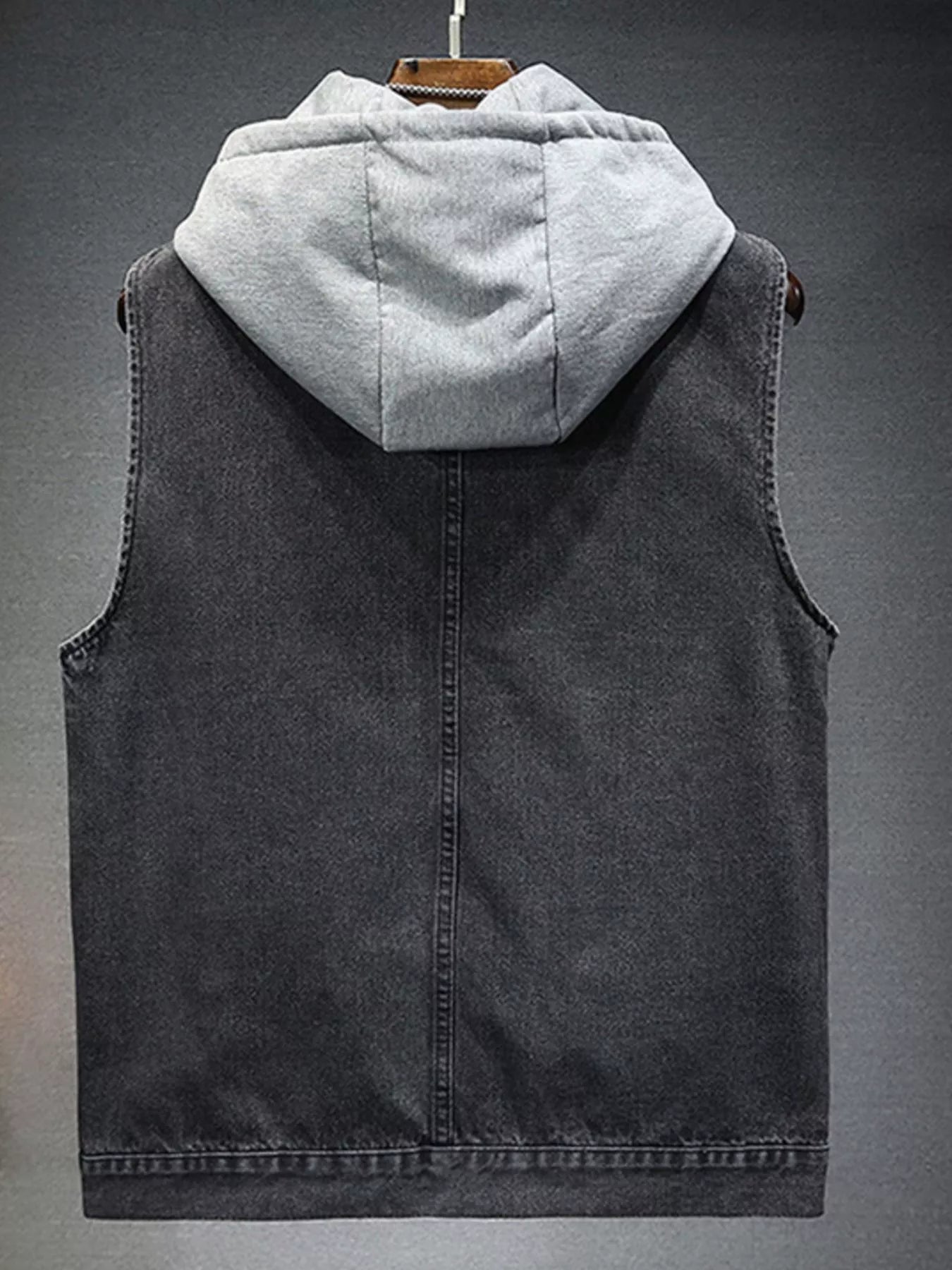 Men's Plus Size Hooded Denim Vest with Fleece Lining - cas7m