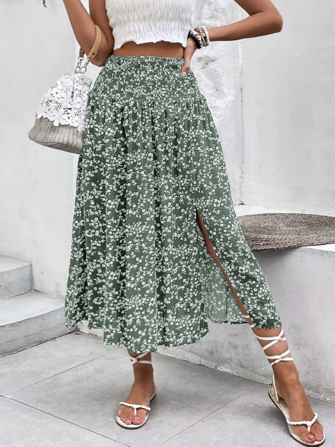 Slit Smocked Printed Skirt - cas7m