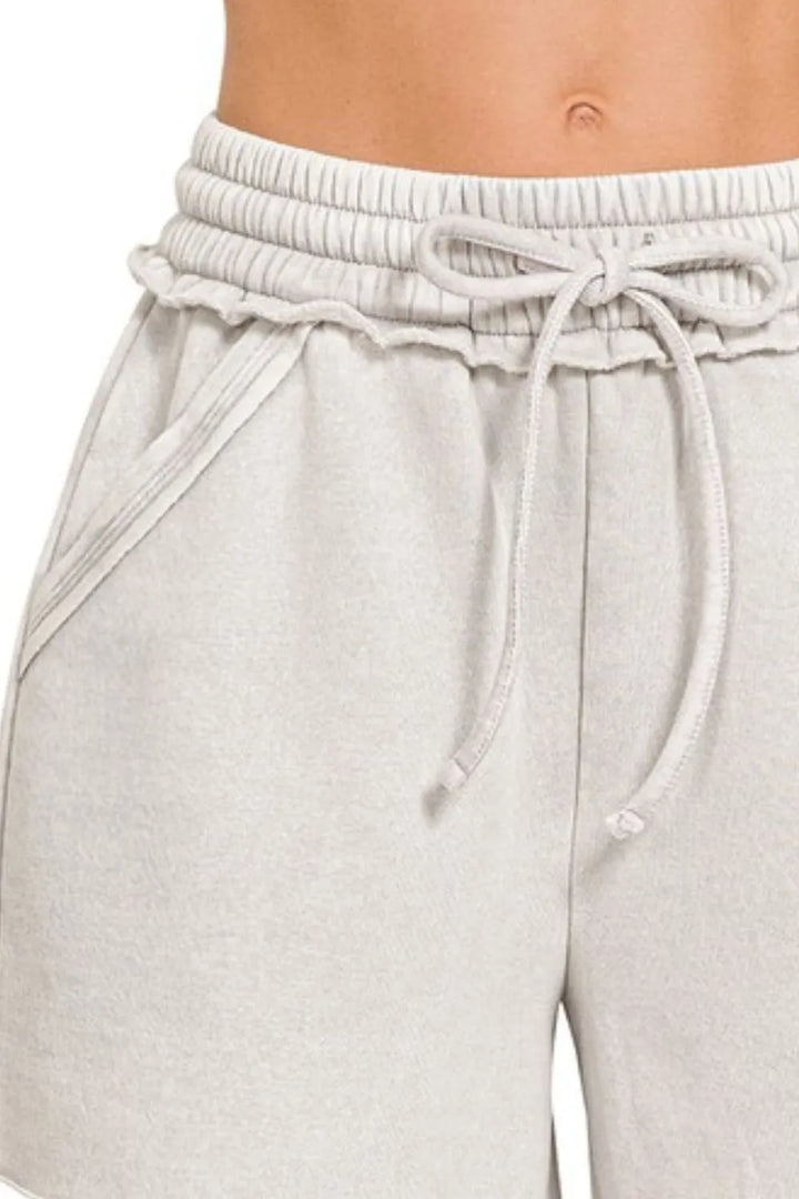 Zenana Acid Wash Fleece Drawstring Shorts With Pockets - cas7m