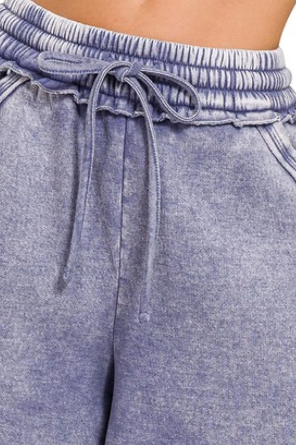 Zenana Acid Wash Fleece Drawstring Shorts With Pockets - cas7m