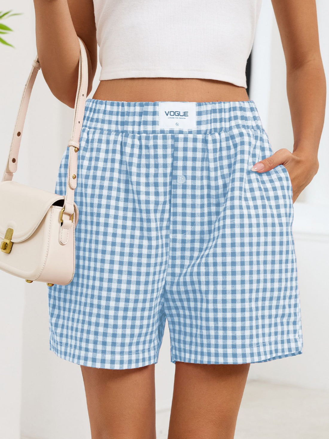 Gingham Elastic Waist Casual Shorts - cas7m