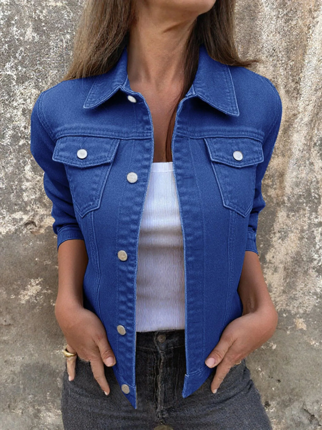 Button Front Closure Denim Jacket - cas7m
