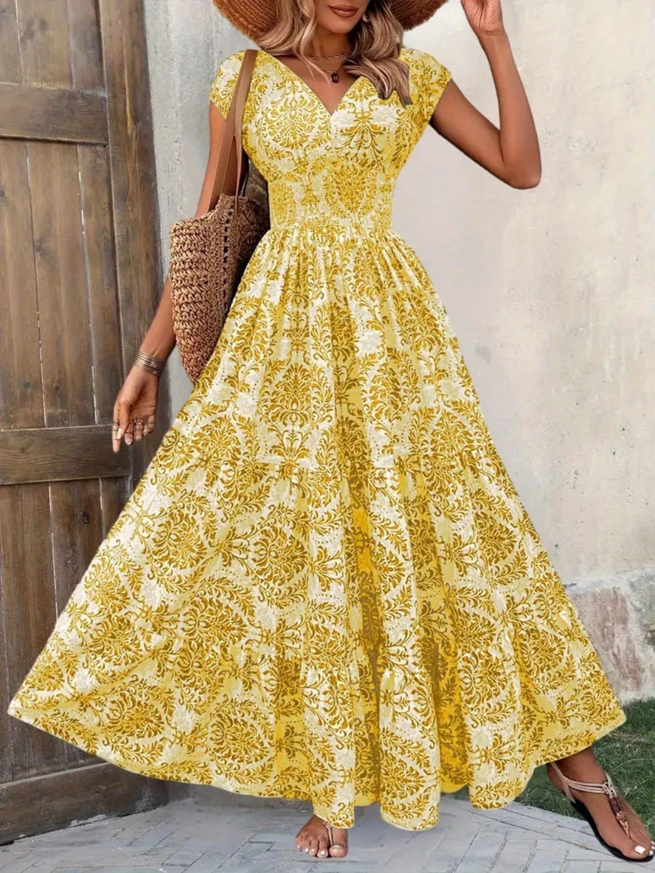 Smocked Tiered Maxi Dress - Chic Polyester Statement - cas7m