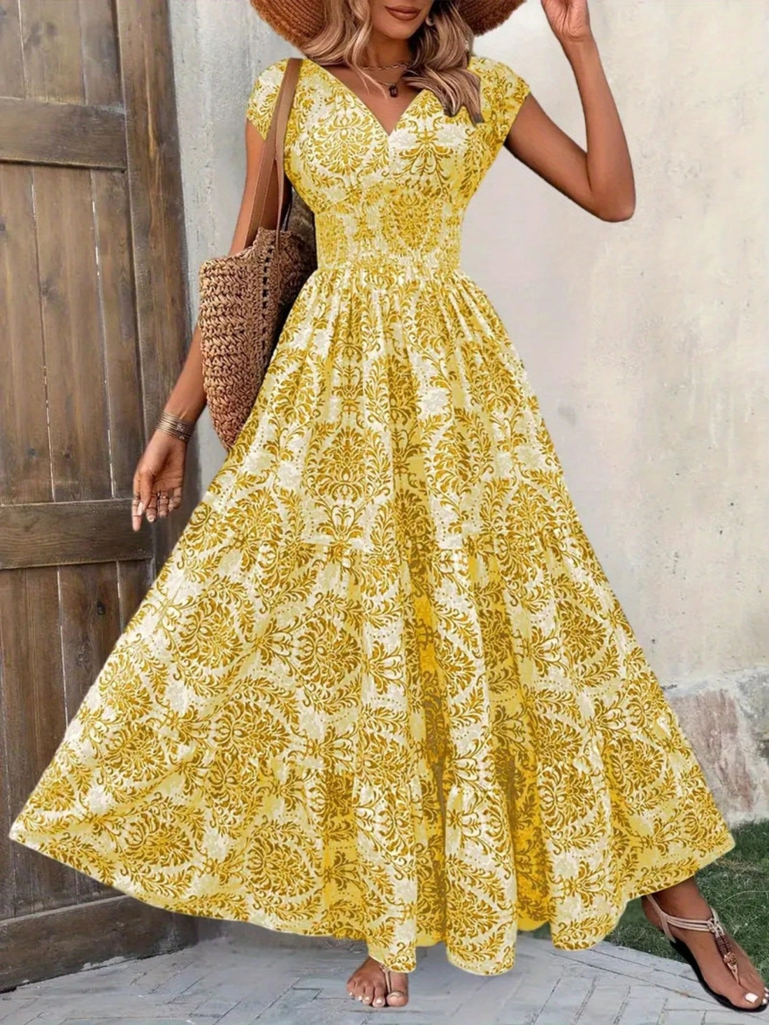 Smocked Tiered Maxi Dress - Chic Polyester Statement - cas7m