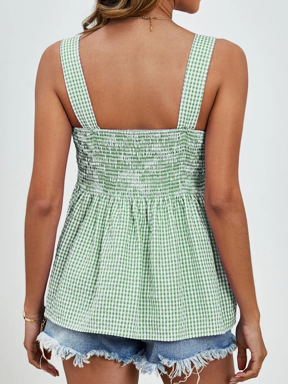 Smocked Plaid Square Neck Tank - cas7m