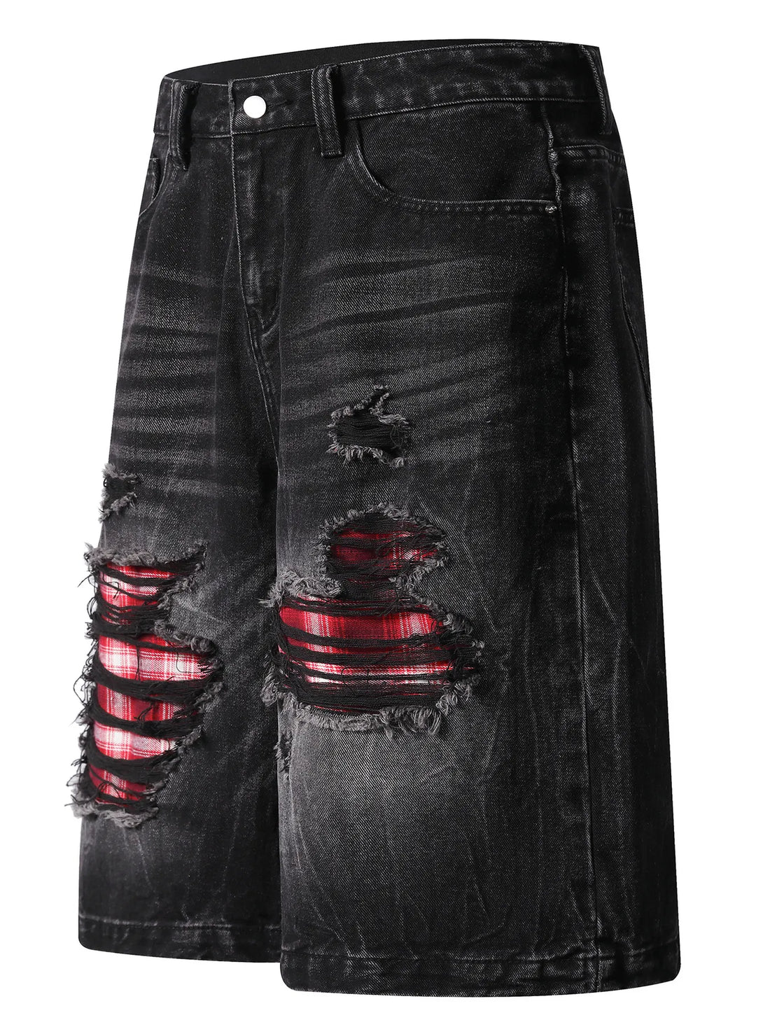 Men's Distressed Denim Shorts with Plaid Patches - cas7m