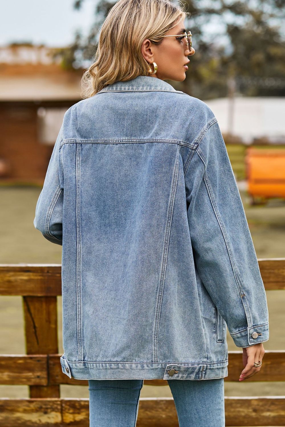Buttoned Collared Neck Denim Jacket with Pockets - cas7m