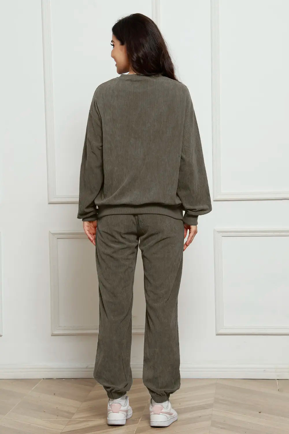 Corduroy Round Neck Sweatshirt and Sweatpants Set - cas7m