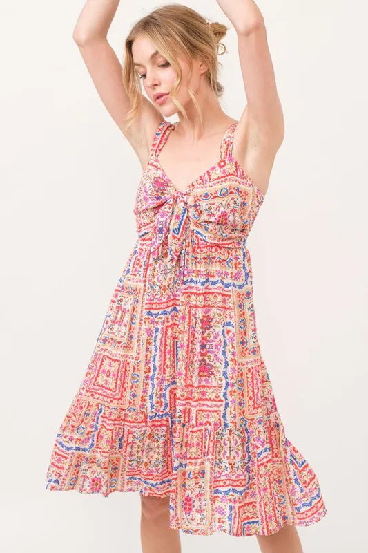 And The Why Tied Front Smocked Back Tiered Boho Printed Dress - cas7m