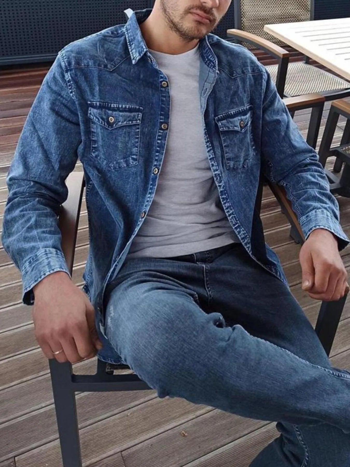 Men's Button Up Long Sleeve Denim Shirt - cas7m