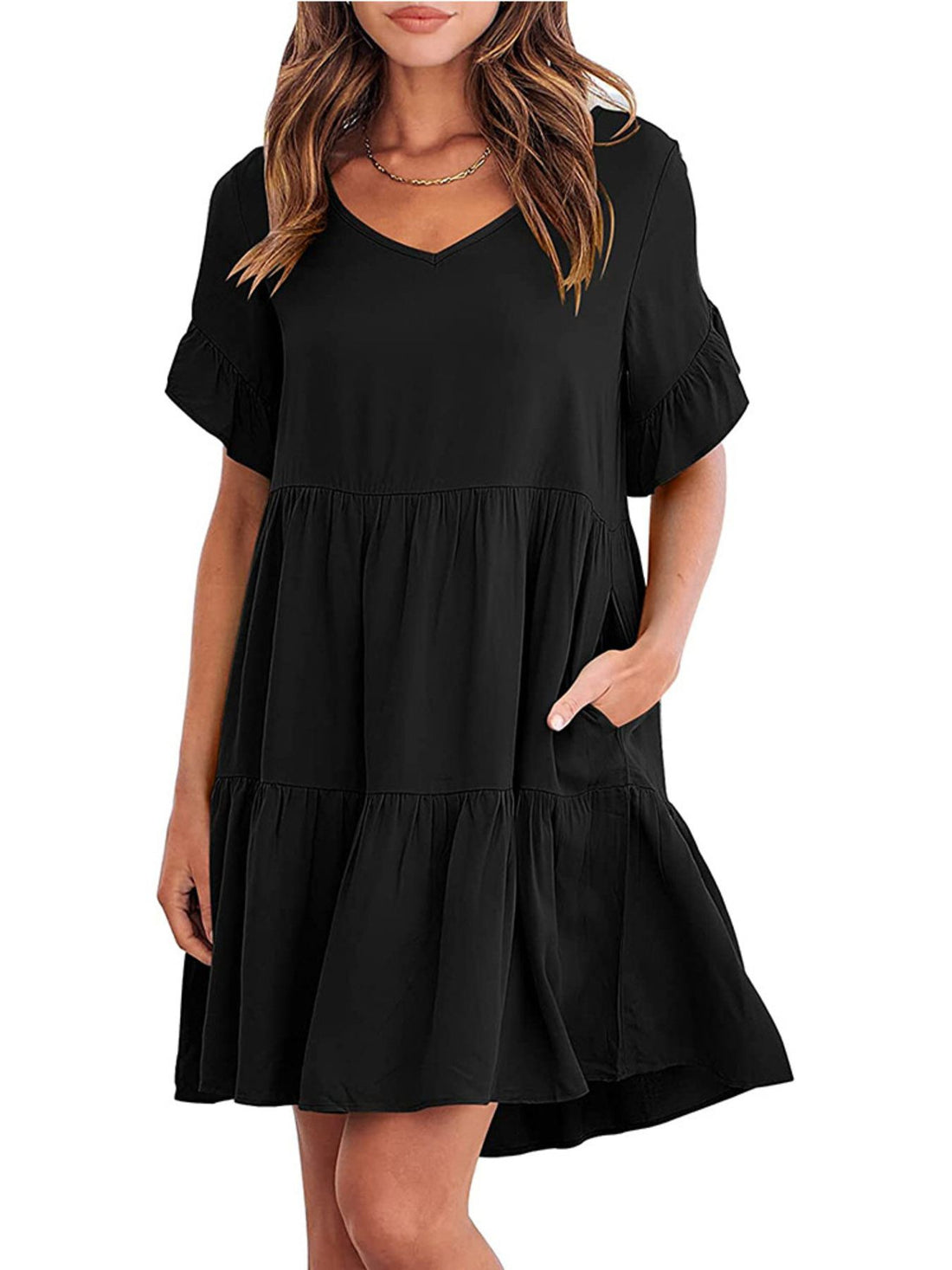 Ruffled Sleeve Tiered Mini Dress - cas7m