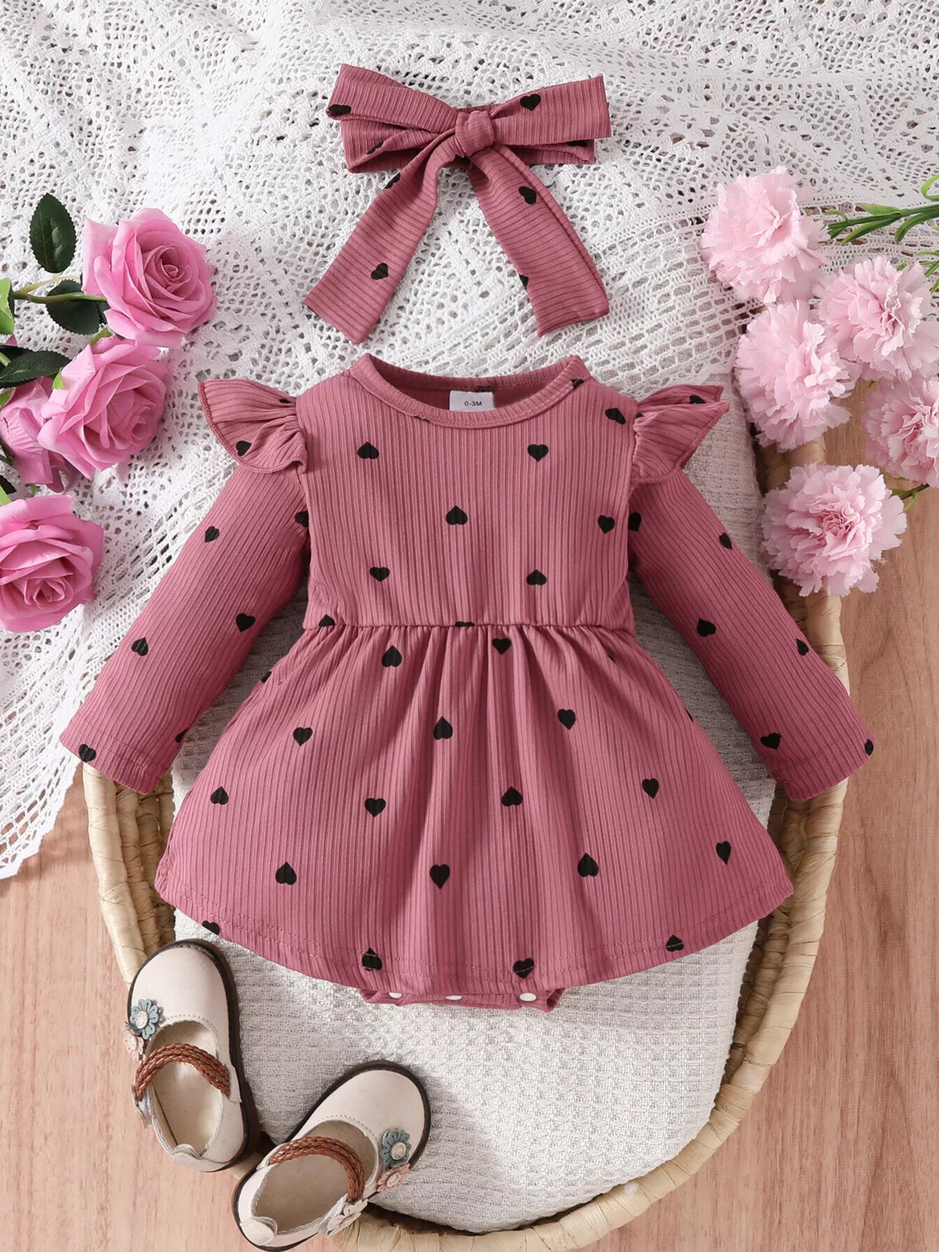 Children's Heart Print Ruffle Trim Bodysuit Dress with Headband - cas7m
