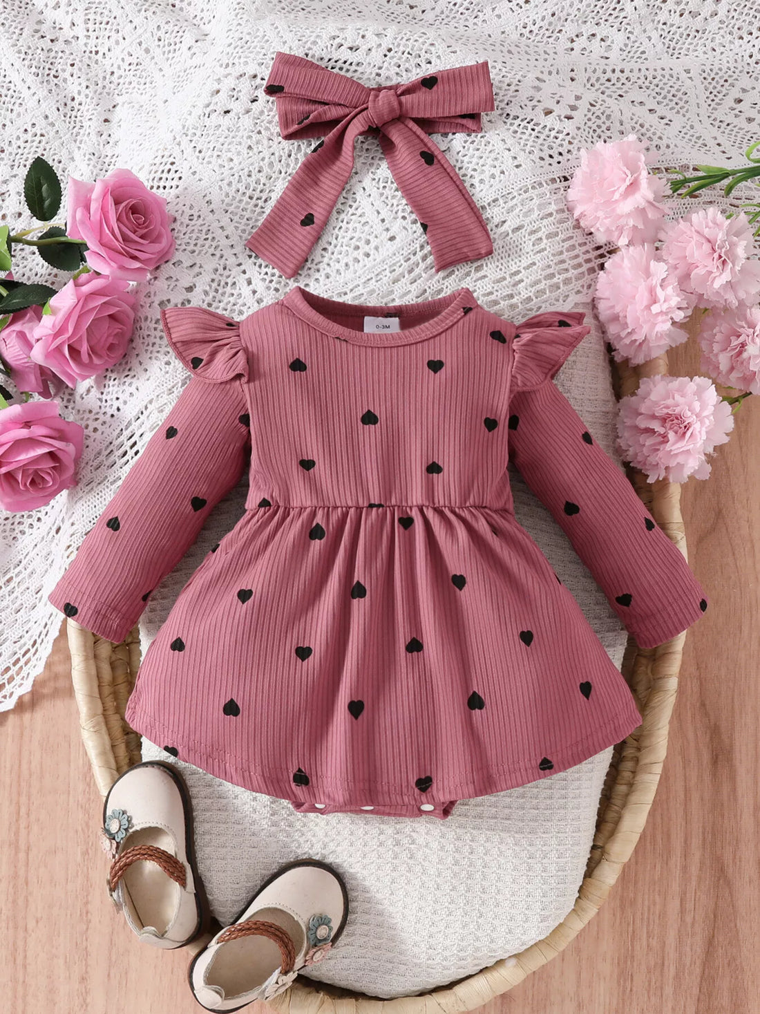 Children's Heart Print Ruffle Trim Bodysuit Dress with Headband - cas7m