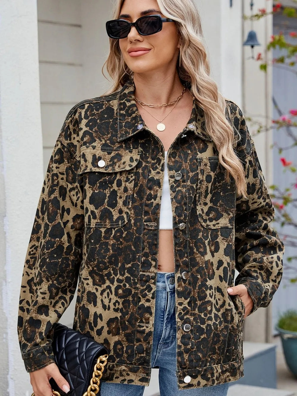 Pocketed Leopard Long Sleeve Denim Jacket - cas7m
