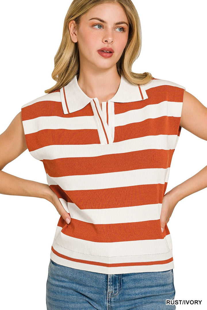 Zenana Viscose Striped Collared Sweater Vest - cas7m