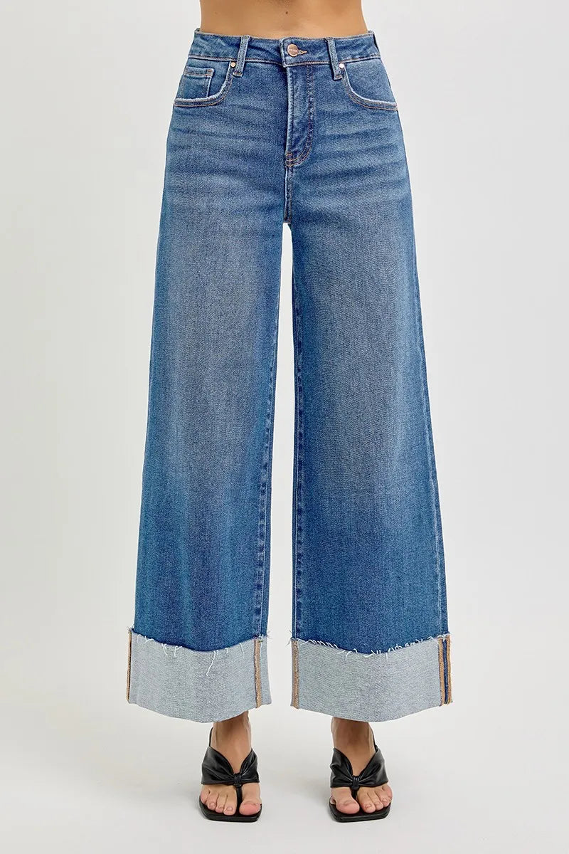 RISEN Full Size Tummy Control High Rise Crop Wide Cuffed Jeans Plus Size - cas7m