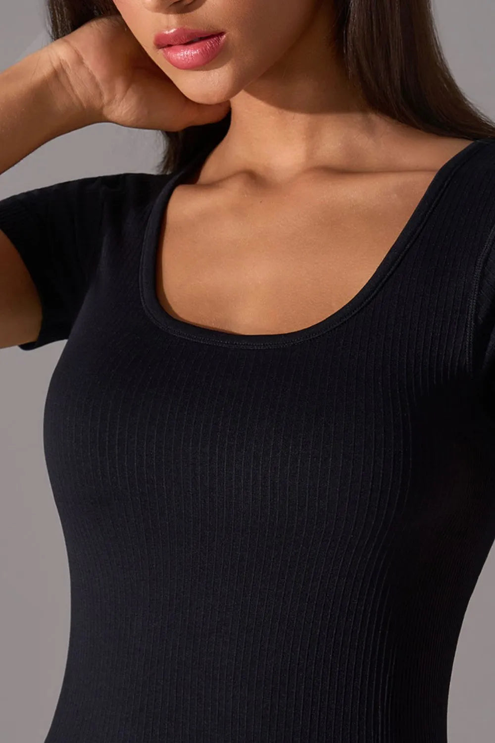 Square Neck Active T-Shirt with Detachable Chest Pads - cas7m