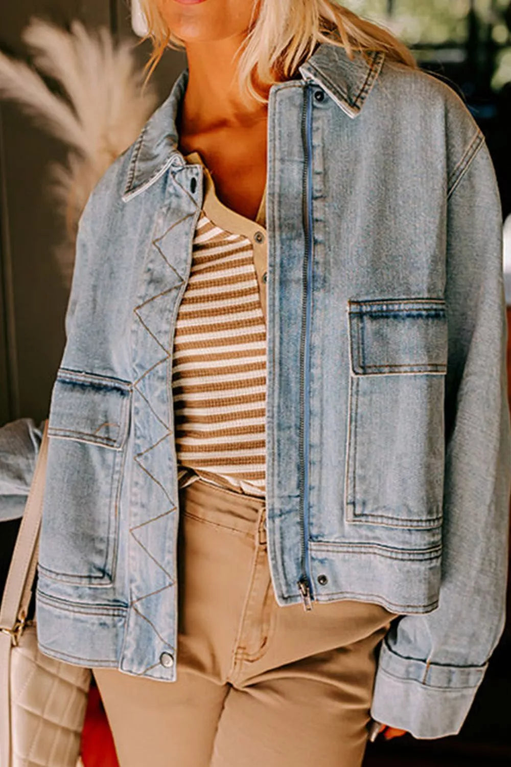 Zip Up Drop Shoulder Denim Jacket - cas7m