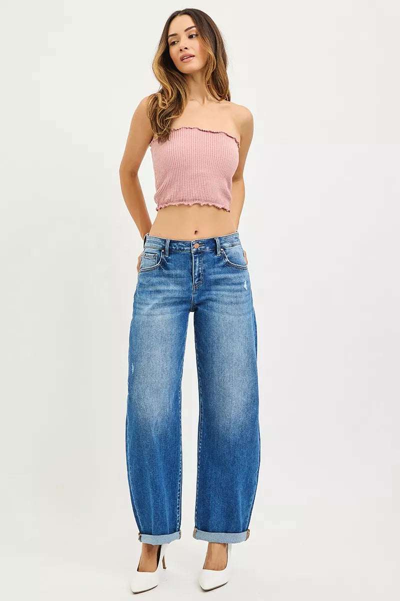 RISEN Full Size Mid Rise Barrel Double Roll Up Jeans Plus Size - cas7m