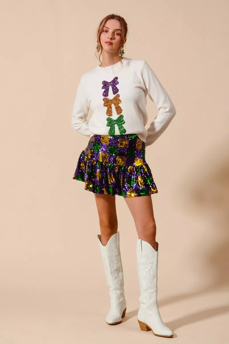 SO ME Mardi Gras Checker Sequins Mini Skirt - cas7m