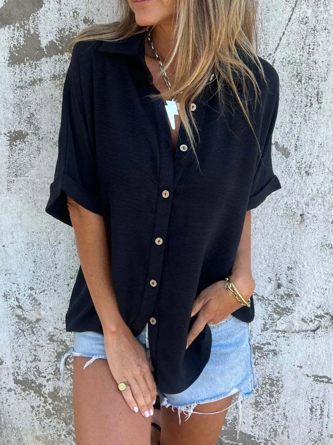 Full Size Collared Neck Half Sleeve Shirt Plus Size - cas7m