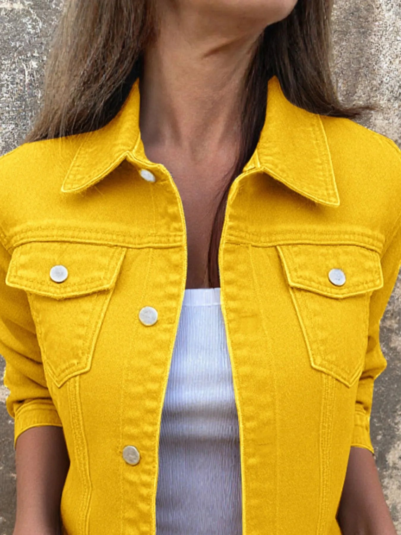 Button Front Closure Denim Jacket - cas7m