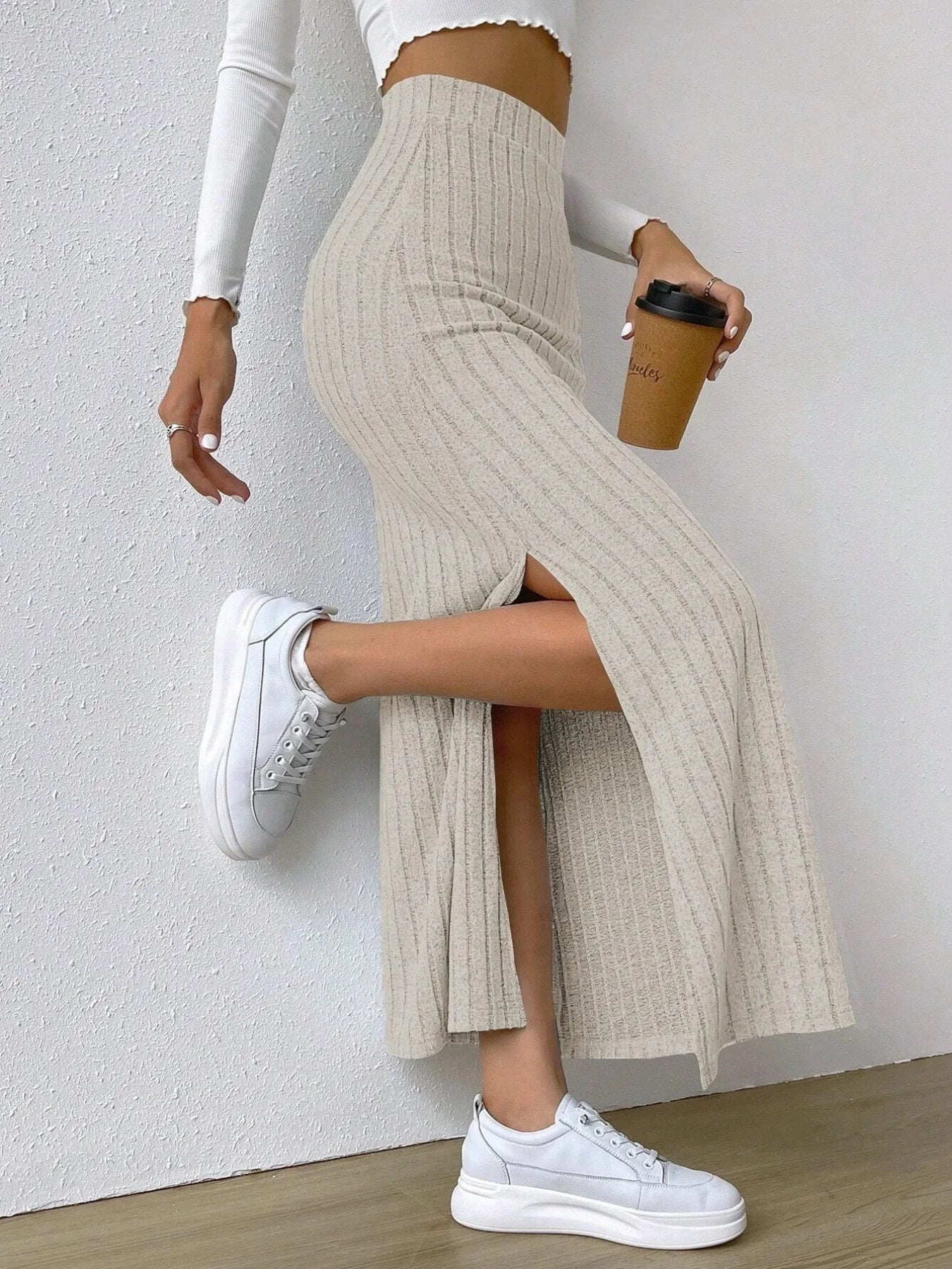 High Waist Ribbed Knit Maxi Skirt - cas7m