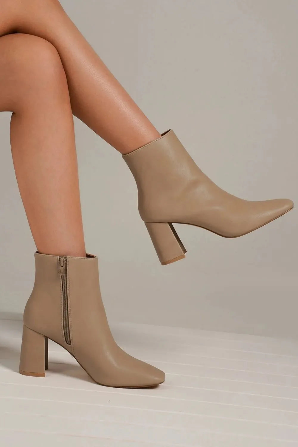 Beast Fashion PU Leather Block Heel Boots with Side Zippers - cas7m